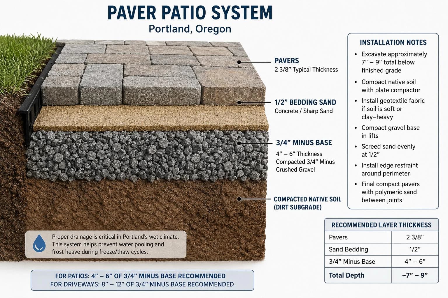 Cross-section of a GI Landscape paver patio system — pavers, half-inch bedding sand, three-quarter-inch minus crushed gravel base, and compacted native soil subgrade. Portland, Oregon spec.