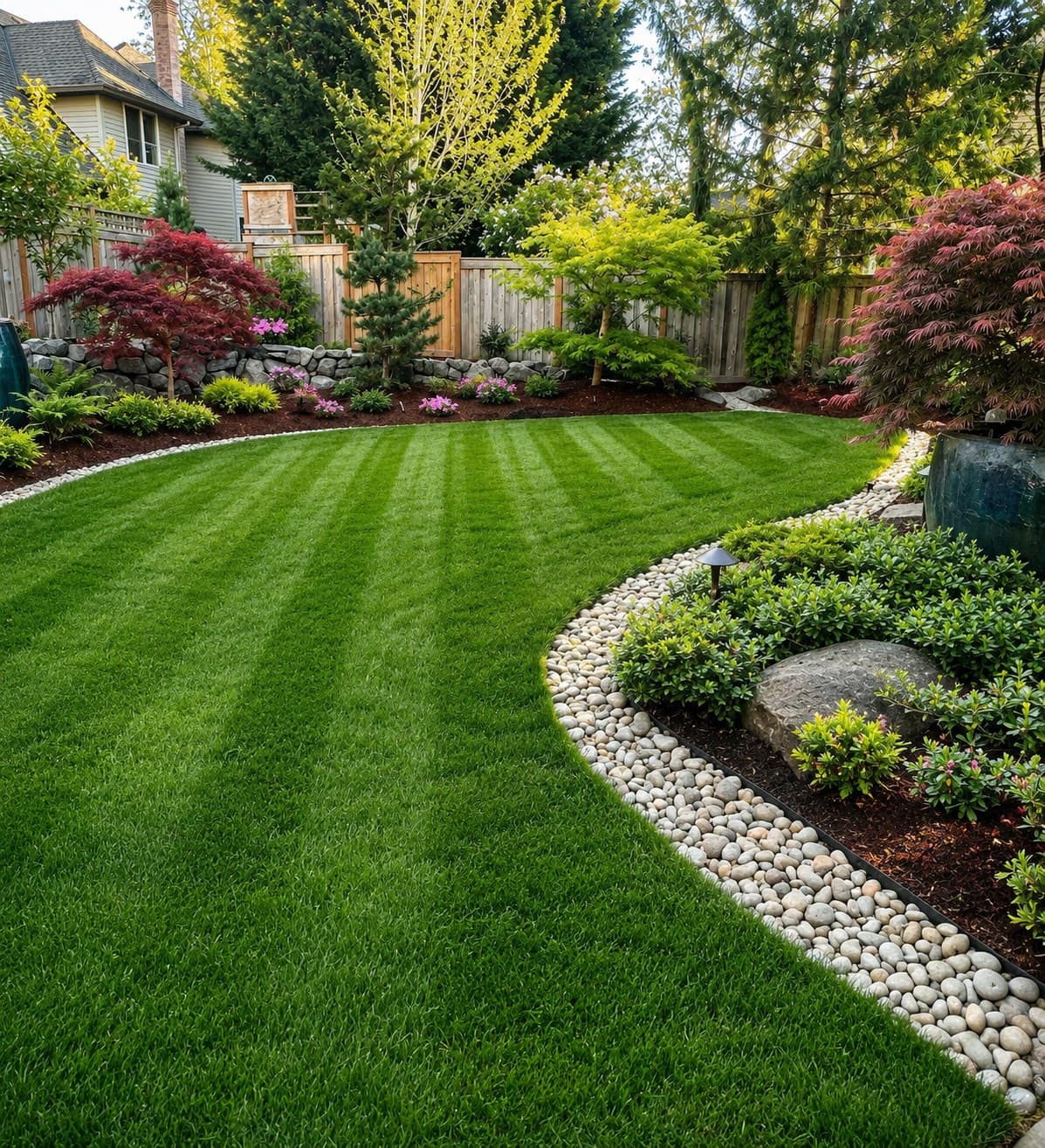 Manicured striped lawn with a curved river-rock border and maintained planting beds
