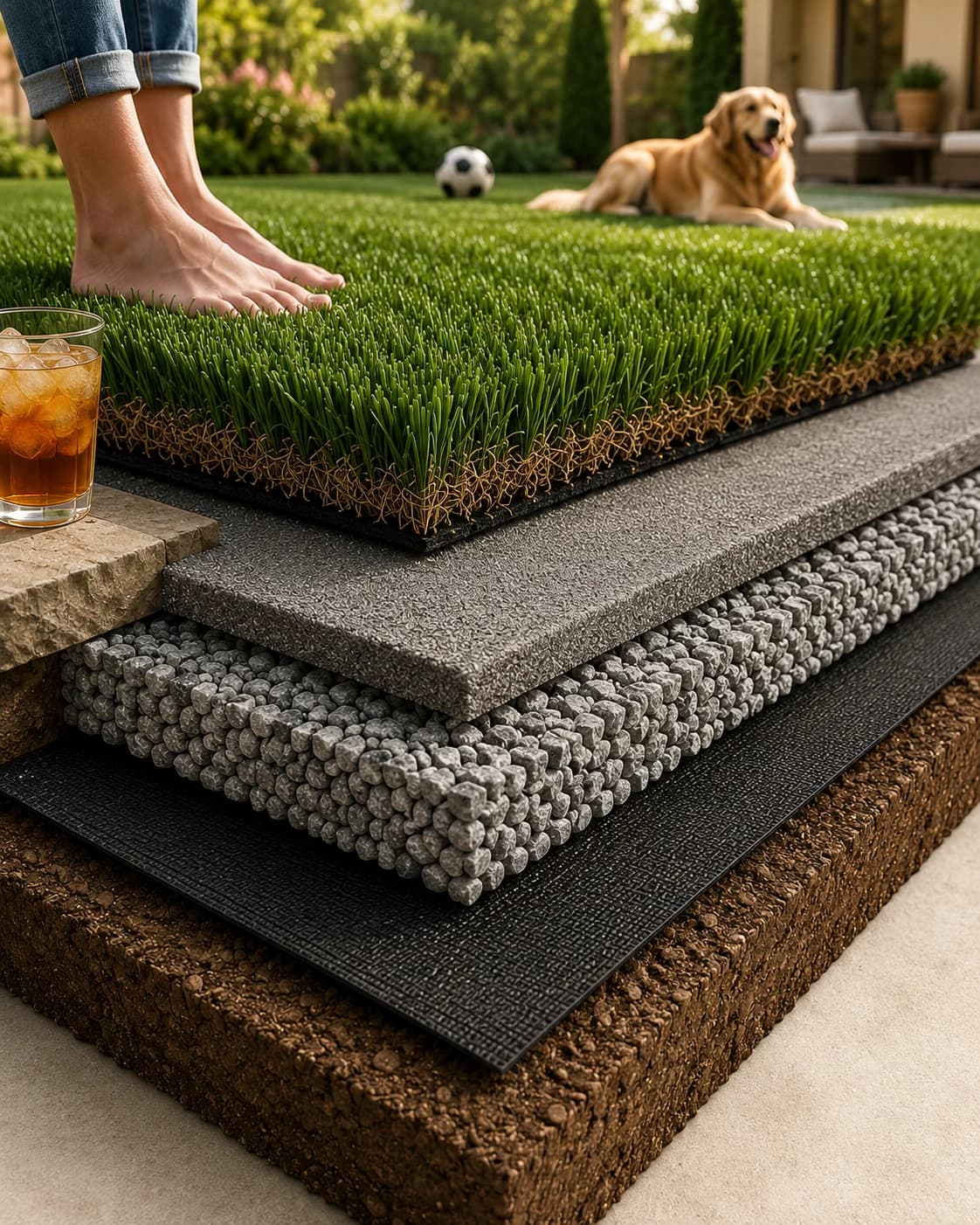 Cross-section of a GI Landscape artificial turf install showing five engineered layers