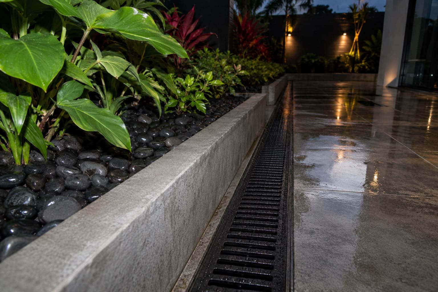 Finished linear channel drain along a polished patio edge, set beside a stone-filled planter bed